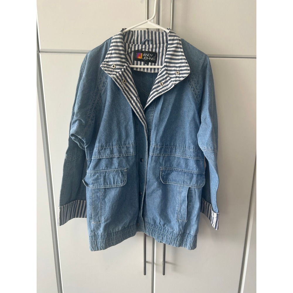 Andy Johns Vintage Denim Utility Jacket Striped Collar Blue Small